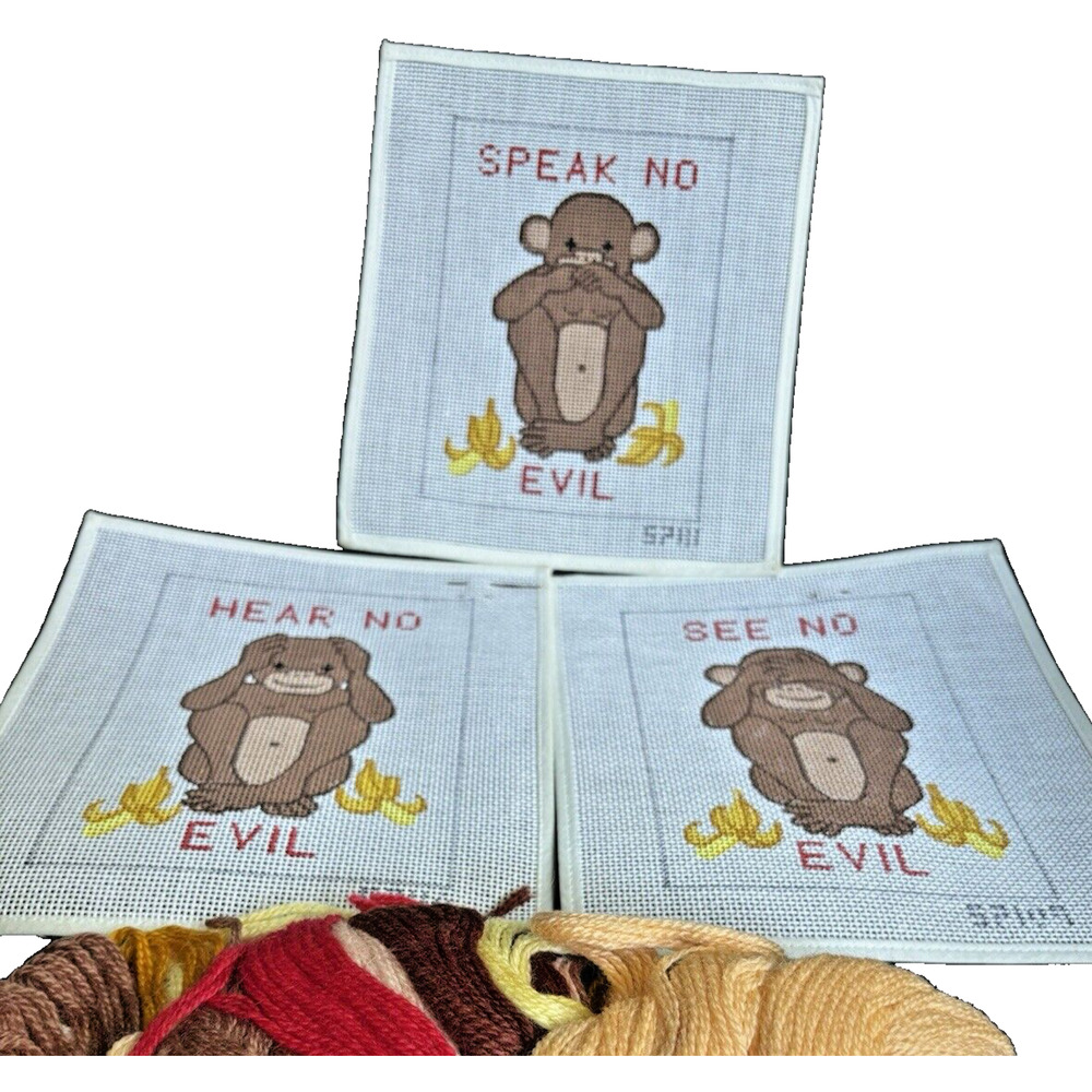 3 Hand Painted Needlepoint Canvas Monkeys Hear No Evil See No Evil Hear No Evil - Picture 3 of 8